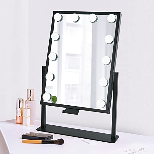 BWLLNI Vanity Mirror with Lights, Black Makeup Mirror with Phone Holder | Hollywood Mirror with 12 Dimmable LED Bulbs, 3 Color Lighting Modes, Detachable 10X Magnification, 360°Rotation - color: Black, size: 20.8"L x 9.5"W