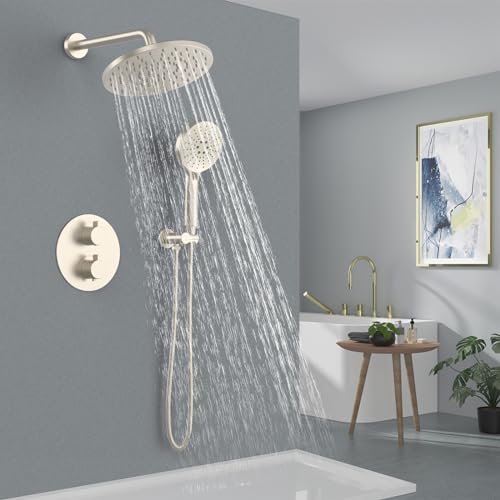 Iriber Thermostatic Shower System Wall Mount with 10 Inch Roud Rainfall Shower Head and Handheld,Shower Faucet Mixer Trim Kit (Valve Included),Brushed Nickel - color: Brushed Nickel 03