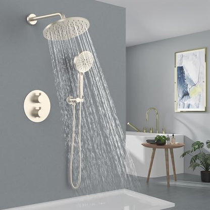 Iriber Thermostatic Shower System Wall Mount with 10 Inch Roud Rainfall Shower Head and Handheld,Shower Faucet Mixer Trim Kit (Valve Included),Brushed Nickel - color: Brushed Nickel 03
