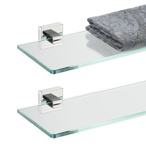 JQK Bathroom Glass Shelf, Floating Tempered Glass Shower Storage 16 by 5 inches, 304 Stainless Steel Polished Chrome Wall Mount 2 Pack, TGS201L16-CH-P2 - color: Polished Chrome, size: 16 Inch(2 Pack)