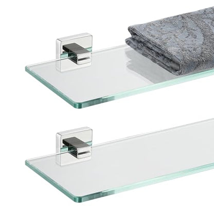 JQK Bathroom Glass Shelf, Floating Tempered Glass Shower Storage 16 by 5 inches, 304 Stainless Steel Polished Chrome Wall Mount 2 Pack, TGS201L16-CH-P2 - color: Polished Chrome, size: 16 Inch(2 Pack)