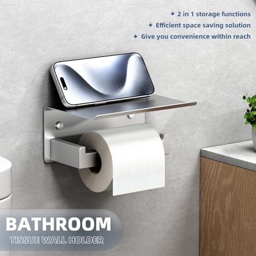 Toilet Roll Holder with Shelf, Brushed Nickel, 304 Stainless Steel | Phone & Small-Item Storage, Clean Modern Look, Guest Bathroom & Powder Room Use, Concealed Screw Mounting - color: Brushed Nickel, size: Single Rod