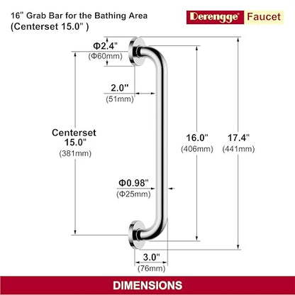 16 Inch Grab Bar 304 Stainless Steel Anti-Slip Bathroom Safety Handrail Wall Mount Assist Grip for Elderly Handicap Bathtub Shower Toilet,GB-4023-CP, Polished Chrome - color: Polished Chrome