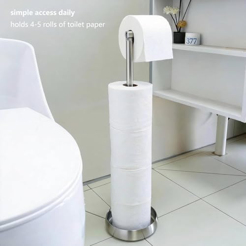 Toilet Paper Holder Stand with Storage Weighted (SUS304 Stainless Steel) | freestanding tp holder | silicone non-slip base | large storage capacity | tidy organized bathroom | 2mm thickened steel - color: 304 Brushed Silvery