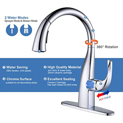 WOWOW Kitchen Faucet with Pull Down Sprayer, Pull Down Faucet with Dual Function Sprayer, Single-Handle Rv Utility Sink Faucets Kitchen, Leak Free Elegant Gooseneck Chrome Bar Sink Cold Water Faucets - color: Chrome Kitchen Faucet, style: Kitchen Faucet