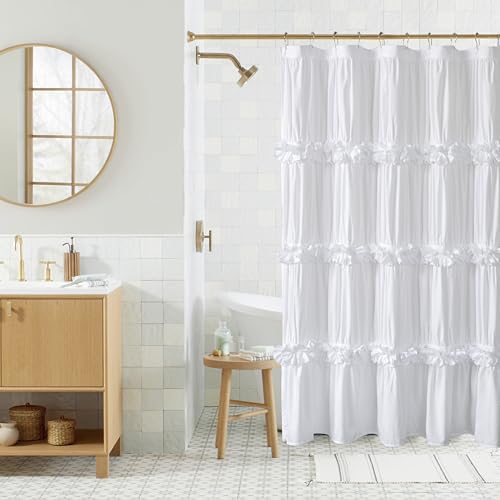 Homechoice Decor Ruffle Shower Curtain 60" x 72" White, Stall Size | Ruched Microfiber Vintage Handcrafted Bow Tie, Victorian Bath Curtain with 10 Buttonholes, Machine Washable (LQ-10) - color: White, size: 60"W x 72"L (Pack of 1)