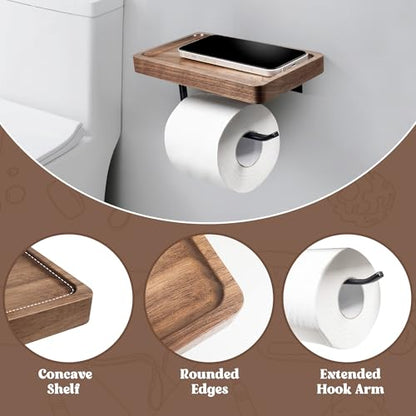 Toilet Paper Holder with Walnut Wood Shelf – Adhesive or Wall Mounted Bathroom Storage Organizer, Rustic Modern Wood and Metal Roll Rack for Small Spaces, RV, Guest Toilet