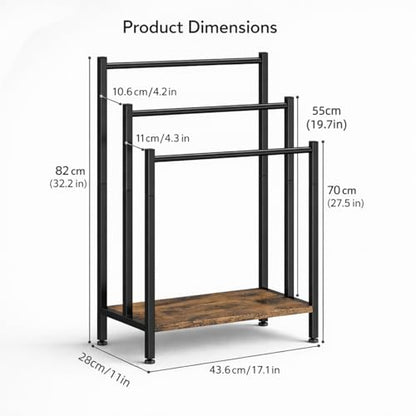 3 Tier Blanket Rack Stand, Freestanding Towel Rack with Wooden Shelf, 17.1" L x 11" W x 32" H, Quilt Display Stand for Bathroom, Bedroom, Living Room, Rustic Brown - color: Brown