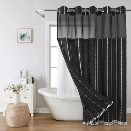 eachope Boho Farmhouse No Hook Shower Curtain Set with Snap-in Fabric Liner,Heavy-Duty Linen Textured Rustic Striped Design,Water-Repellent with Tassels and Sheer Window,Black,71x74 - color: Black, size: 71"W x 74"L (Pack of 1)