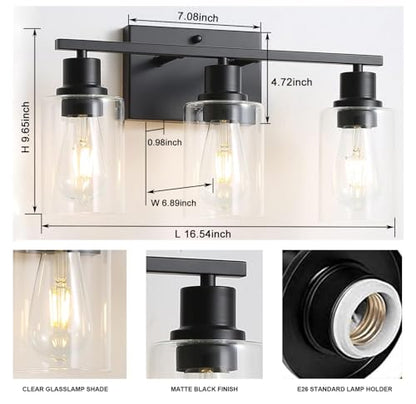 Bathroom Vanity Light Fixtures, 3-Light Matte Black Bathroom Lights, Wall Sconces with Clear Glass Shade for Hallway Farmhouse Bedroom Living Room - color: Black 3-Light