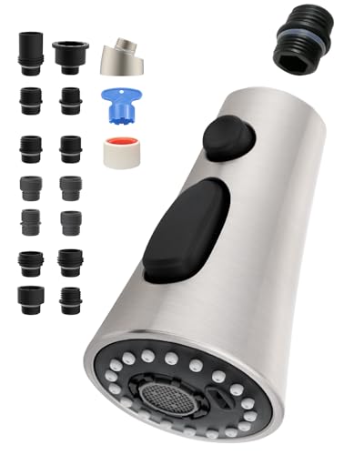 Kitchen Faucet Head Replacement with 15 Adapter Kit, Brushed Nickel | Compatible with American Standard/Kohler/Moen/Delta Faucets, 3 Function Pull Down Sink Faucet Spray Head