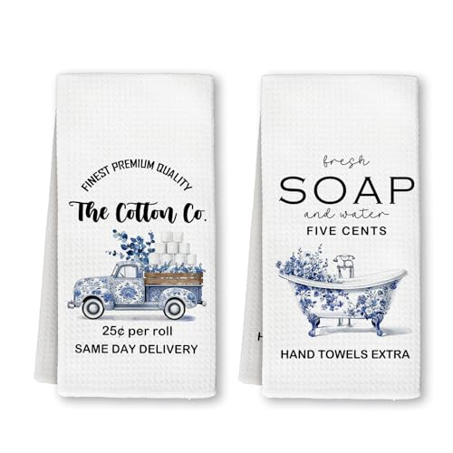Funny Bathroom Towels, Chinoiserie Bathtub Truck Decorative Hand Dish Towels for Bath Room Washroom Toilet, Blue and White Botanical Funny Bathroom Accessories Decor, 16x24 Inch Set of 2 - color: Chinoiserie-2