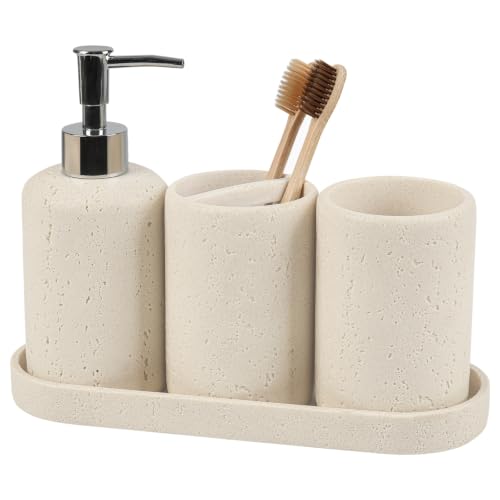 Bathroom Accessories Set,4 Piece Travertine Stone Look Bathroom Accessory Set with Soap Dispenser,Toothbrush Holder,Vanity Tray,Tumbler,Bathroom Organizer for Modern Bathrooms - Beige - color: Travertine Beige