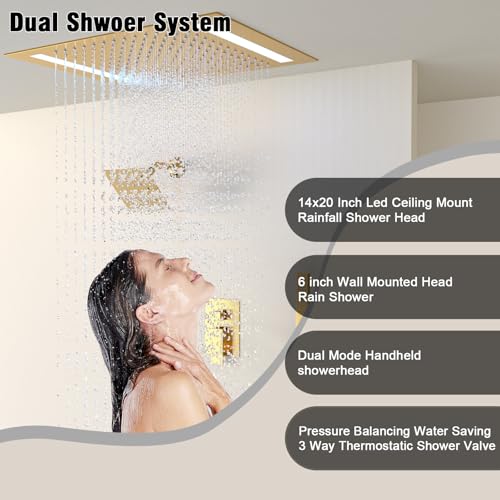 Rain Shower Head System with 14x20 Inch Ceiling Mount LED Head & 6 Inch Wall Head and Handheld Shower 3 Way Pressure Balance Valve Kit,Brushed Gold - color: Brushed Gold, style: 14x20 inch+6inch