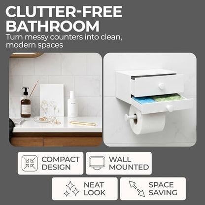 Toilet Paper Holder for Bathroom with Wipes Storage Drawers | Toilet Paper and Wipes Holder for Bathroom - Aluminum TP Holder with Adhesive or Wall Screw Mounting - White/White Knobs