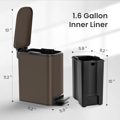 Cesun Small Bathroom Trash Can with Lid, 1.6 Gal, Soft Close, Brown | Step pedal soft close, Slim 5.9in fits narrow spaces, Stainless steel, Anti-fingerprint, Removable inner bucket, Odor seal - color: Brown