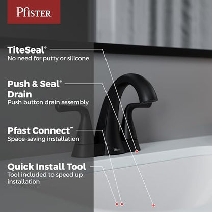 Pfister Willa Matte Black 3-Hole Centerset Bathroom Faucet LF048MALSDB | 2-handle design, Push & Seal drain included, TiteSeal no-putty mount, Spot Defense finish, NSF lead-free - color: Spot Defense Matte Black, size: 1 Pack