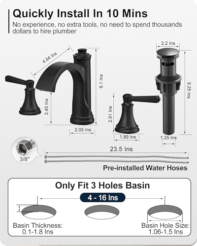 Matte Black Bathroom Faucet 3 Hole, Brass Bathroom Waterfall Faucet, 4-16 Inch Bathroom Sink Faucets, 2 Handle Widespread Faucet for Bathroom Sink with Water Supply Hoses, Pop-Up Drain - color: Matte Black