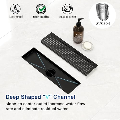 Neodrain 12" Linear Shower Drain, Matte Black 304 SS Bathroom Linear Drain | Black Shower Drain with Quadrato Grate& Adjustable Feet, Long Rectangle Shower Floor Drain in Bathroom, Balcony etc,cUPC - color: Matte Black, size: 12 In