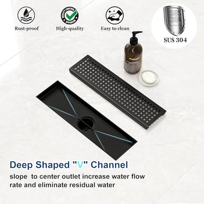 Neodrain 12" Linear Shower Drain, Matte Black 304 SS Bathroom Linear Drain | Black Shower Drain with Quadrato Grate& Adjustable Feet, Long Rectangle Shower Floor Drain in Bathroom, Balcony etc,cUPC - color: Matte Black, size: 12 In