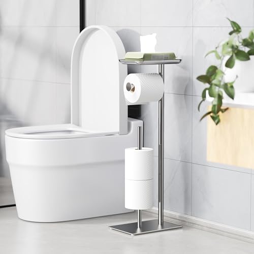 Toilet Paper Holder Stand with Top Storage Shelf | Free Standing Toilet Roll Dispenser for Bathroom, Holds 4 Reserve Rolls, Silver - color: Silver
