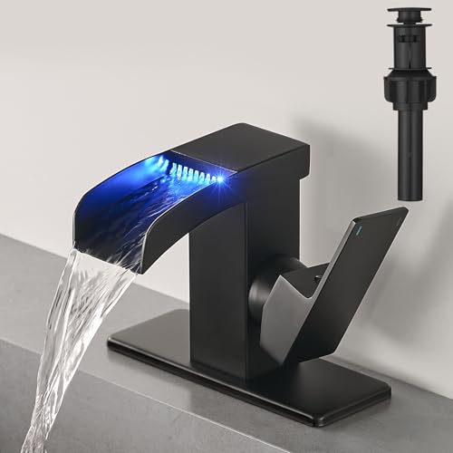 LED Waterfall Bathroom Faucet Bathroom Sink Faucet Vanity Faucets | Matte Black Single Hole 3 Colors Light Changing Single Handle Stainless Steel with cUPC Supply Lines