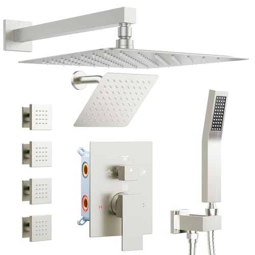 Shower Systems with 4 Body Spray Jets, STARBATH 4 Way 12+6" Rainfall Shower Head with Handheld Combo, Wall Mounted Shower Jets System in Wall Shower Faucet Sets Complete, Brushed Nickel - color: Brushed Nickel, size: 6"+12"-02