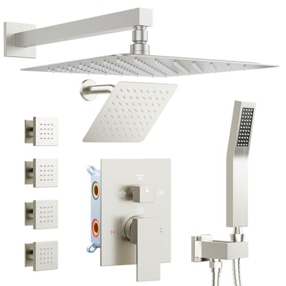 Shower Systems with 4 Body Spray Jets, STARBATH 4 Way 12+6" Rainfall Shower Head with Handheld Combo, Wall Mounted Shower Jets System in Wall Shower Faucet Sets Complete, Brushed Nickel - color: Brushed Nickel, size: 6"+12"-02