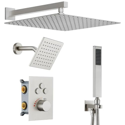 Thermostatic Dual Shower System, Shower Faucet(Brushed Nickel) | 12 Inch Rainfall Shower Head, 6 Inch Wall Mount Head, High Pressure Handheld Sprayer, Push Button Valve - color: Brushed Nickel