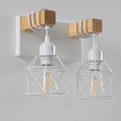 Farmhouse Vanity Light Fixture,2-Light Bathroom Lighting,White Modern Wood Wall Light Over Mirror with Metal Shade - color: White, size: 2-Light-Wide 12"