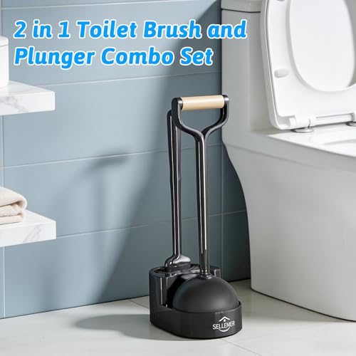 Toilet Brush and Plunger Set, Curved Head Deep Clean, Black 2 Pack | Brush and Plunger set, Curved Nylon Bristles for Deep Clean, Strong Suction Plunger, Ventilated Holder for Quickly Air Dry - color: Black