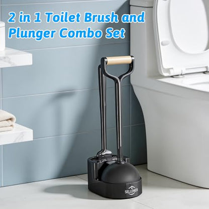 Toilet Brush and Plunger Set, Curved Head Deep Clean, Black 2 Pack | Brush and Plunger set, Curved Nylon Bristles for Deep Clean, Strong Suction Plunger, Ventilated Holder for Quickly Air Dry - color: Black