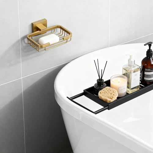 SEIDO Gold Soap Dish for Shower, 304 Stainless Steel Double-Locking Soap Holder, Wall Mount Soap Bar Holder for Shower, Hollowed-Out Drainage, 4.8" L x 3.2" W Internal, for Soap, Sponge, Keys - color: Brushed Gold