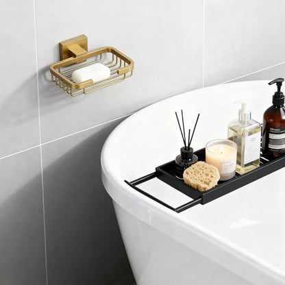 SEIDO Gold Soap Dish for Shower, 304 Stainless Steel Double-Locking Soap Holder, Wall Mount Soap Bar Holder for Shower, Hollowed-Out Drainage, 4.8" L x 3.2" W Internal, for Soap, Sponge, Keys - color: Brushed Gold