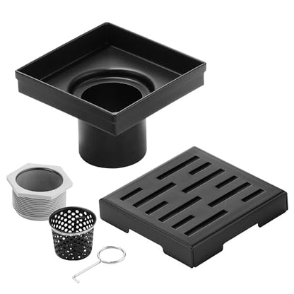 Square Shower Drain 4 inch, Matte Black 304 Stainless Steel Floor Drain for Bathroom, Removable Tile Insert Grate Includes Hair Strainer - color: Matte Black