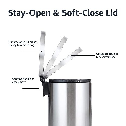 Amazon Basics Round Cylindrical Trash Can with Soft-Close Lid, Foot Pedal, Removable Inner Bucket, Smudge Resistant, 20 l/5.3 gallon, Brushed Stainless Steel