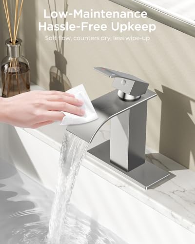 FORIOUS Bathroom Faucet 1 Hole, Waterfall Vanity Sink Faucet Brushed Nickel | Bathroom Sink Faucet 1 or 3 Hole, Square Single Handle with 24" cUPC Supply Line and Pop-up Drain, Fits RV Restroom Basin - color: Stainless Steel