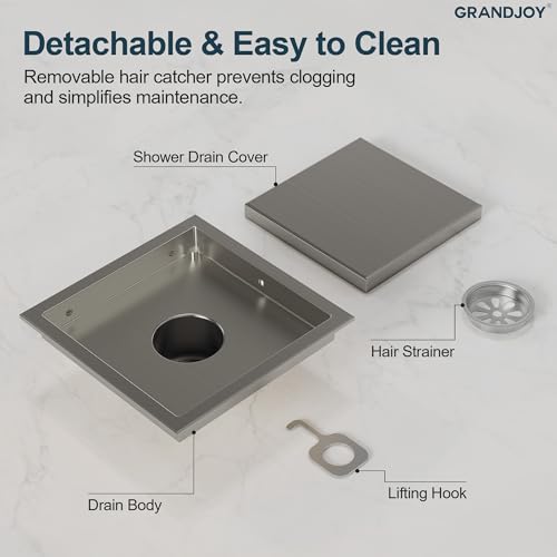 6 Inch Square Shower Floor Drain, Brushed Nickel SUS304 Stainless Steel Grid Grate with X-Shaped High Flow Channel, Anti-Clogging Hair Strainer, Standard 2" Outlet | Reversible flat & tile-in cover, anti-odor auto-seal core, burr-free smooth edges for bar