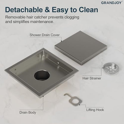 6 Inch Square Shower Floor Drain, Brushed Nickel SUS304 Stainless Steel Grid Grate with X-Shaped High Flow Channel, Anti-Clogging Hair Strainer, Standard 2" Outlet | Reversible flat & tile-in cover, anti-odor auto-seal core, burr-free smooth edges for bar