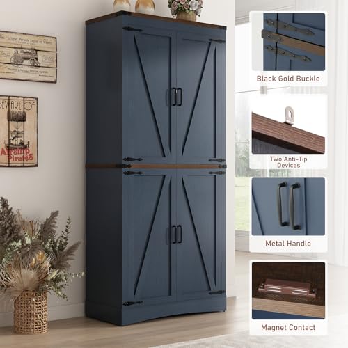 Hlivelood 71" Tall Kitchen Pantry,Farmhouse Storage Cabinet with Adjustable Shelves,Load-Bearing Steel Pipe,Farmhouse Pantry Cabinet with 4 Barn Doors,for Kitchen,Dining Room,Living Room(Blue) - color: Blue