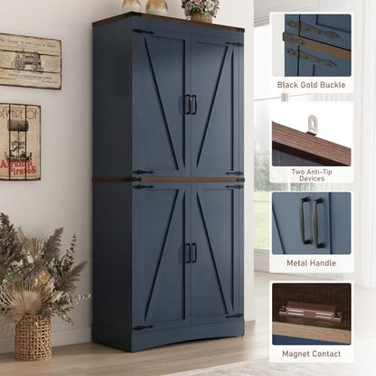 Hlivelood 71" Tall Kitchen Pantry,Farmhouse Storage Cabinet with Adjustable Shelves,Load-Bearing Steel Pipe,Farmhouse Pantry Cabinet with 4 Barn Doors,for Kitchen,Dining Room,Living Room(Blue) - color: Blue