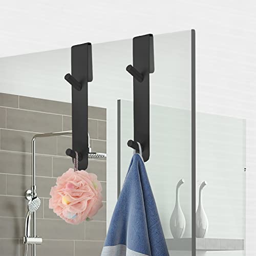 Shower Door Hook, Extended Length Frameless Shower Door Hook (7 Inch), Heavy-Duty Bathrobe Towel Stainless Steel Hook, No Drilling or Adhesive Required, 2-Pack, Black - color: Black-SXXG