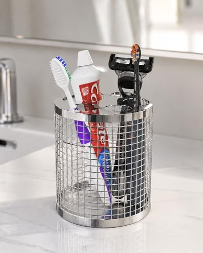 Toothbrush Holder for Bathroom, 304 Stainless Steel Ventilated Countertop Organizer with Slots for Electric & Manual Toothbrushes, Toothpaste, Razor — Paw Print Design, Dishwasher Safe
