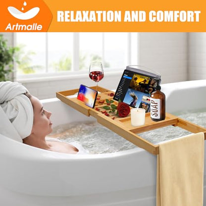 Bathtub Tray Caddy, Expandable Bamboo Bath Tray for Tub | Foldable Bath Table Trays with Non-Slip Pads, Bathroom Spa Accessories, Ideal Gift for New Home & Mom's Birthday - color: Bamboo