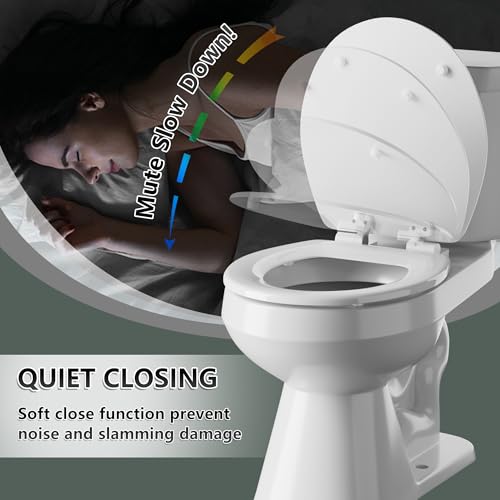 Round Toilet Seat Angol Shiold Quiet-Close Molded Wood Toilet Seat with Non-Slip Adjustable Hinges, Anti-Pinch Bumpers, Easy Install & Clean（White, Round 16.5''） - color: White, size: Round 16.5‘’