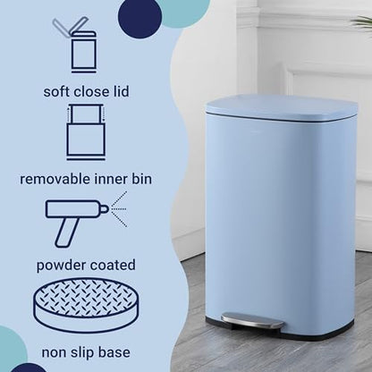 happimess Connor 2-Piece Iron Trash Can, Tide Pool Blue | 13.2 And 1.3 Gallons, Rectangular, Soft-Close Lid, Step Pedal, 20 Liners, 26" And 12" Height - color: Tide Pool Blue