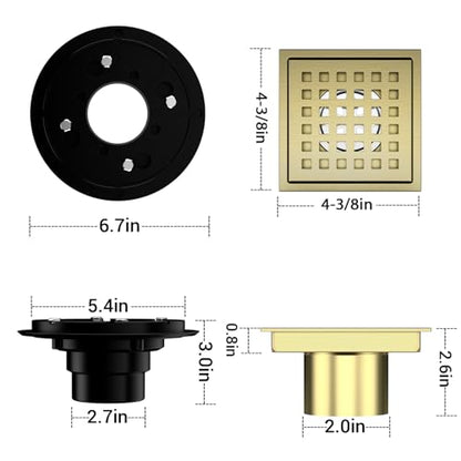 EXF Square Shower Drain 4-3/8 Inch Brushed Gold with ABS Flange | Stainless Steel, Anti-Clog, Removable Grid Grate and Hair Catcher, for Modern Bathroom Remodel Curbless Shower - color: Gold, size: 4IN