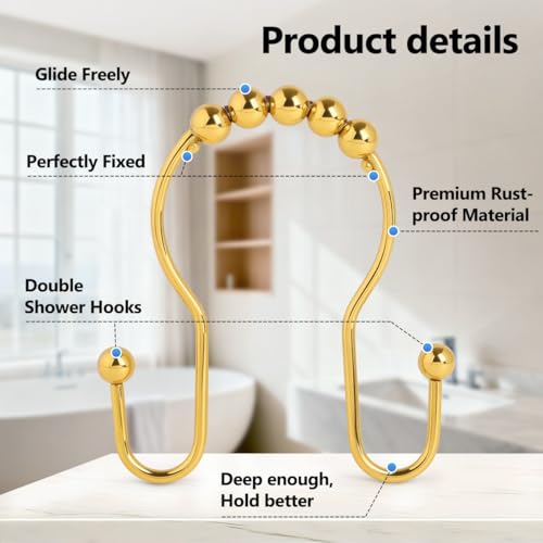 Resze Double Shower Curtain Hooks, Sturdy Metal Nickel Shower Curtain Rings, Glide Roller Shower Hooks,Rust Proof Anti-Drop Curtain Hooks, 12 Pcs Smooth Sliding Rings for Bathroom Shower Rods Curtains - color: Gold