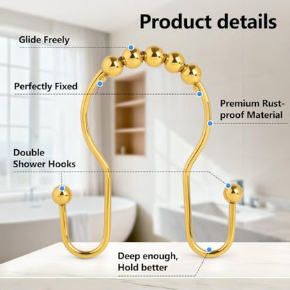 Resze Double Shower Curtain Hooks, Sturdy Metal Nickel Shower Curtain Rings, Glide Roller Shower Hooks,Rust Proof Anti-Drop Curtain Hooks, 12 Pcs Smooth Sliding Rings for Bathroom Shower Rods Curtains - color: Gold