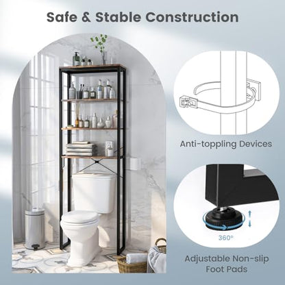 Giantex Over The Toilet Storage Shelf, 4-Tier Freestanding Space Saver Above Toilet Shelves w/Paper Holder, Side Hook & Adjustable Foot Pads, Over Toilet Bathroom Organizer for Restroom, Laundry